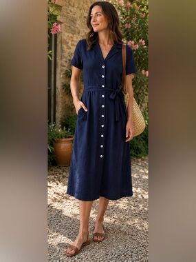 Quince 100% European Linen Button-Front Dress in Deep Navy, size Large, NWT